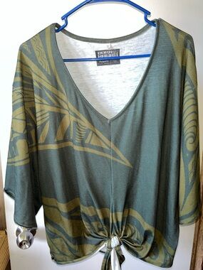 Hawaii's Finest Olive Green & Dark forest green Tribal Tie-Front Tunic Top